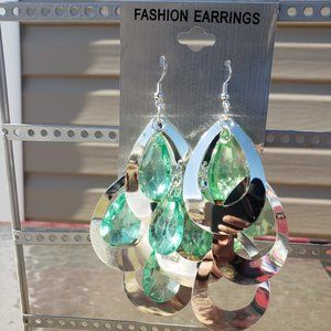 4.5" Green/Silver Large Tear Drop Earrings